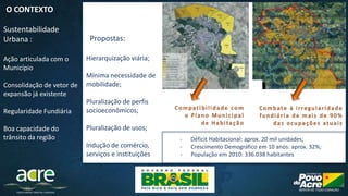 Sustentabilidade
Urbana :
Ação articulada com o
Município
Consolidação de vetor de
expansão já existente
Regularidade Fundiária
Boa capacidade do
trânsito da região
O CONTEXTO
Propostas:
Hierarquização viária;
Mínima necessidade de
mobilidade;
Pluralização de perfis
socioeconômicos;
Pluralização de usos;
Indução de comércio,
serviços e instituições
- Déficit Habitacional: aprox. 20 mil unidades;
- Crescimento Demográfico em 10 anos: aprox. 32%;
- População em 2010: 336.038 habitantes
 