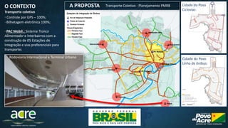 O CONTEXTO
Transporte coletivo
· Controle por GPS – 100%;
· Bilhetagem eletrônica 100%;
· PAC Mobil.: Sistema Tronco
Alimentador e Interbairros com a
construção de 05 Estações de
Integração e vias preferenciais para
transporte;
Cidade do Povo
Ciclovias:
Cidade do Povo
Linha de ônibus:
Transporte Coletivo - Planejamento PMRBA PROPOSTA
Rodoviária Internacional e Terminal Urbano
 