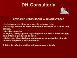 DH Consultoria 
LENDAS E MITOS SOBRE A AMAMENTAÇÃO 
- Leite fraco: verificar se a sucção está correta. 
- A criança morde as mãos com fome: verificar se o bebê tem 
cólicas. 
- Arrotar no peito. 
- Canjica, cerveja preta, água inglesa e outros alimentos não 
aumentam a produção de leite. 
- Seios com bicos feridos, rachados ou empedrados não são 
motivos de parar a amamentação. 
O leite da mãe é o melhor alimento para o bebê. 
 