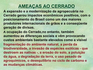 A expansão e a modernização da agropecuária no
Cerrado gerou impactos econômicos positivos, com o
posicionamento do Brasil como um dos maiores
produtores internacionais de grãos e a conseqüente
geração de divisas.
A ocupação do Cerrado,no entanto, também
aumentou as diferenças sociais e vêm provocando
custos ambientais bastante elevados como a visível
AMEAÇAS AO CERRADO
fragmentação do ambiente natural, a perda da
biodiversidade, a invasão de espécies exóticas - que
destroem as nativas -, a erosão do solo, a poluição
da água, a degradação da terra, o uso pesado de
agroquímicos, o desequilíbrio no ciclo de carbono e
as mudanças climáticas.
 