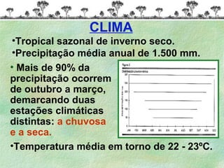 • Mais de 90% da
precipitação ocorrem
de outubro a março,
demarcando duas
estações climáticas
distintas: a chuvosa
e a seca.
•Tropical sazonal de inverno seco.
•Precipitação média anual de 1.500 mm.
CLIMA
•Temperatura média em torno de 22 - 23ºC.
 