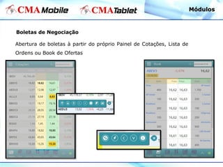 Boletas de Negociação
Abertura de boletas à partir do próprio Painel de Cotações, Lista de
Ordens ou Book de Ofertas
MódulosMódulos
 
