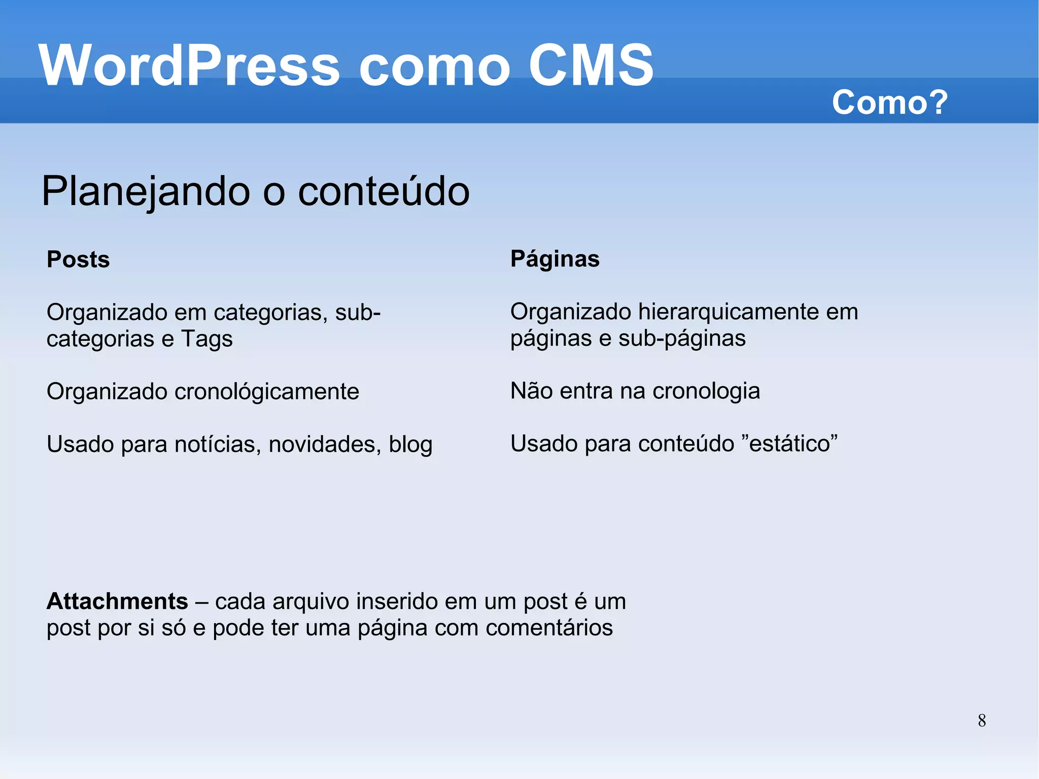 WordPress como CMS Planejando o conteúdo Como? Páginas Organizado hierarquicamente em páginas e sub-páginas Não entra na cronologia Usado para conteúdo ”estático” Posts Organizado em categorias, sub-categorias e Tags Organizado cronológicamente Usado para notícias, novidades, blog Attachments  – cada arquivo inserido em um post é um post por si só e pode ter uma página com comentários 