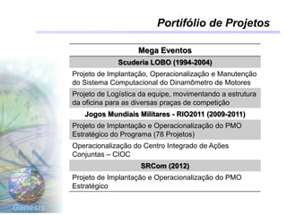 Genesis
Portifólio de Projetos
Mega Eventos
Scuderia LOBO (1994-2004)
Projeto de Implantação, Operacionalização e Manutenção
do Sistema Computacional do Dinamômetro de Motores
Projeto de Logística da equipe, movimentando a estrutura
da oficina para as diversas praças de competição
Jogos Mundiais Militares - RIO2011 (2009-2011)
Projeto de Implantação e Operacionalização do PMO
Estratégico do Programa (78 Projetos)
Operacionalização do Centro Integrado de Ações
Conjuntas – CIOC
SRCom (2012)
Projeto de Implantação e Operacionalização do PMO
Estratégico
 