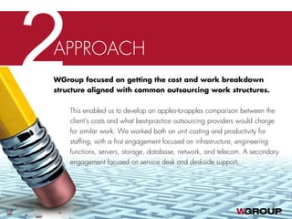 2APPROACH
WGroup focused on getting the cost and work breakdown
structure aligned with common outsourcing work structures.
4
This enabled us to develop an apples-to-apples comparison between the
client’s costs and what best-practice outsourcing providers would charge
for similar work. We worked both on unit costing and productivity for
staffing, with a first engagement focused on infrastructure, engineering
functions, servers, storage, database, network, and telecom. A secondary
engagement focused on service desk and deskside support.
 