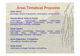 Áreas Temáticas Propostas
Saúde Mental
psicologia, terapia ocupacional, enfermagem, serviço social;

Atenção Básica/ Saúde da Família
enfermagem,       odontologia,       farmácia, fisioterapia,
fonoaudiologia, terapia ocupacional, serviço social,
educação física, nutrição, psicologia;

Saúde Coletiva
enfermagem, odontologia, fisioterapia, serviço social,
educação     física,  nutrição,     terapia ocupacional,
fonoaudiologia, farmácia, veterinária;

Apoio Diagnóstico e Terapêutico
biomedicina, farmácia, biologia;

Saúde Animal
veterinária, biologia, farmácia, biomedicina.
 