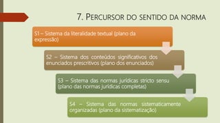 7. PERCURSOR DO SENTIDO DA NORMA
S1 – Sistema da literalidade textual (plano da
expressão)
S2 – Sistema dos conteúdos significativos dos
enunciados prescritivos (plano dos enunciados)
S3 – Sistema das normas jurídicas stricto sensu
(plano das normas jurídicas completas)
S4 – Sistema das normas sistematicamente
organizadas (plano da sistematização)
 