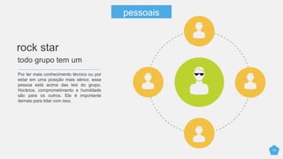 23
Por ter mais conhecimento técnico ou por
estar em uma posição mais sênior, essa
pessoa está acima das leis do grupo.
Horários, comprometimento e humildade
são para os outros. Ele é importante
demais para lidar com isso.
rock star
todo grupo tem um
pessoais
 