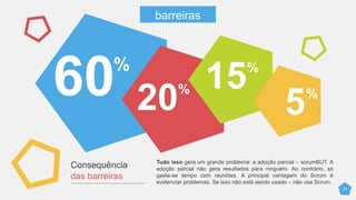 24
%
%
20
%
15 %
5
Consequência
das barreiras
Tudo isso gera um grande problema: a adoção parcial – scrumBUT. A
adoção parcial não gera resultados para ninguém. Ao contrário, só
gasta-se tempo com reuniões. A principal vantagem do Scrum é
evidenciar problemas. Se isso não está sendo usado – não use Scrum.
barreiras
 