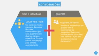 time e indivíduos gerentes
27
cada vez mais o gerenciamento
fica claro que muitos
membros da equipe
têm mais
conhecimento que
seus superiores em
diversos campos
específicos. Portanto,
não há mais espaço
para o micro
gerenciamento
deve focar seus esforço em
ajudar o time e
recompensar as
conquistas. Dizem que
“motivação não dura. Bem,
nem banhos – é por isso
que recomendamos
diariamente”.
considerações
 