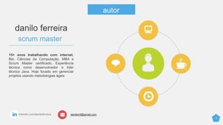 3
autor
danilomf@gmail.comlinkedin.com/daniloferreira
danilo ferreira
scrum master
15+ anos trabalhando com internet.
Bel. Ciências da Computação, MBA e
Scrum Master certificado. Experiência
técnica como desenvolvedor e líder
técnico Java. Hoje focado em gerenciar
projetos usando metodologias ágeis
 
