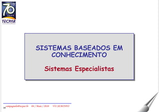 SISTEMAS BASEADOS EM CONHECIMENTO Sistemas Especialistas 