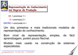 SE  < premissa 1 > E  < premissa 2 > ENTÃO  < conclusão A > Um dos primeiros e mais tradicionais modelos de representação do conhecimento; Bom nível de representação, simples, de fácil aprendizagem, porém pouco flexível. Modelo mais usado na construção de sistemas especialistas. Representação do Conhecimento em Regras de Produção 