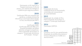 2009
Inauguração das atuais
instalações físicas em Florianópolis,
construídas com características
de sustentabilidade.
a conquistar a certiﬁcação
internacional em telecomunicação
TL 9000.
2010
Certiﬁcação PPB como empresa que
atende às condições de bens de
informática e automação desenvolvidos
no País, reconhecida pelo MCTI.
2007
Participação no XV Jogos Pan e
Parapan-americanos, no Rio de
Janeiro, com sistemas de inteligência
e telefonia para segurança pública.
recursos NGN.
2013
Certiﬁcação CMMI;
Certiﬁcação EED pelo MD como
Empresa Estratégica de Defesa
obtendo vantagens competitivas;
Prêmio Expressão de Ecologia na
categoria "Conservação de Insumos
de Produção – Energia".
2012
Inauguração da unidade do Peru;
Prêmio Expressão de Ecologia na
categoria “Construção Sustentável”.
2014
Certiﬁcação CERTICS.
2016
Constituiu uma S.A. de capital fechado;
Ampliação do portfólio de produtos e
serviços adequados ao modelo as a
service (nuvem).
Sede atual
 