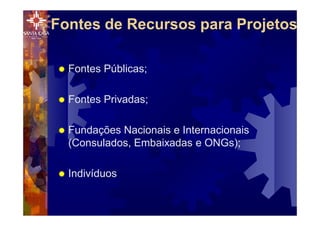 Fontes de Recursos para Projetos
® Fontes Públicas;
® Fontes Privadas;
® Fundações Nacionais e Internacionais
(Consulados, Embaixadas e ONGs);
® Indivíduos
 