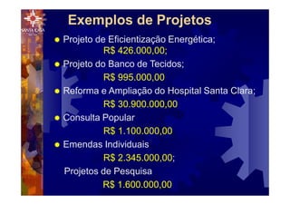 Exemplos de Projetos
® Projeto de Eficientização Energética;
R$ 426.000,00;
® Projeto do Banco de Tecidos;
R$ 995.000,00
® Reforma e Ampliação do Hospital Santa Clara;
R$ 30.900.000,00
® Consulta Popular
R$ 1.100.000,00
® Emendas Individuais
R$ 2.345.000,00;
Projetos de Pesquisa
R$ 1.600.000,00
 