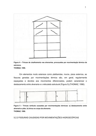 Figura 4 – Trincas de cisalhamento nas alvenarias, provocadas por movimentação térmica da
estrutura.
THOMAZ, 1996.
Em elementos muito extensos como platibandas, muros, pisos externos, as
fissuras geradas por movimentações térmica são, em geral, regularmente
espaçadas e devidos aos movimentos diferenciados, podem caracterizar o
destacamento entre alvenaria e o reticulado estrutural (Figura 5).(THOMAZ, 1996).
Figura 5 – Trincas verticais causadas por movimentações térmicas: a) destacamento entre
alvenaria e pilar, b) trinca no corpo da alvenaria.
THOMAZ, 1996.
5.2.2 FISSURAS CAUSADAS POR MOVIMENTAÇÕES HIGROSCÓPICAS
1
9
1
9
1
9
 