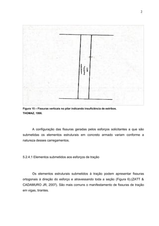Figura 15 – Fissuras verticais no pilar indicando insuficiência de estribos.
THOMAZ, 1996.
A configuração das fissuras geradas pelos esforços solicitantes a que são
submetidas os elementos estruturais em concreto armado variam conforme a
natureza desses carregamentos.
5.2.4.1 Elementos submetidos aos esforços de tração
Os elementos estruturais submetidos à tração podem apresentar fissuras
ortogonais à direção do esforço e atravessando toda a seção (Figura 6).(ZATT &
CADAMURO JR, 2007). São mais comuns o manifestamento de fissuras de tração
em vigas, tirantes.
2
6
2
6
2
6
 