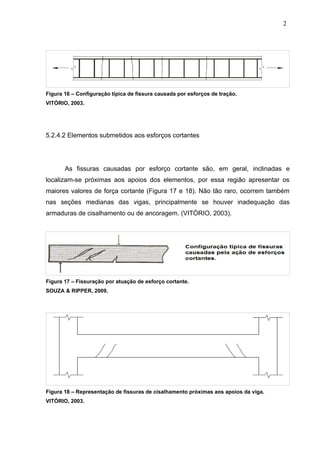 Figura 16 – Configuração típica de fissura causada por esforços de tração.
VITÓRIO, 2003.
5.2.4.2 Elementos submetidos aos esforços cortantes
As fissuras causadas por esforço cortante são, em geral, inclinadas e
localizam-se próximas aos apoios dos elementos, por essa região apresentar os
maiores valores de força cortante (Figura 17 e 18). Não tão raro, ocorrem também
nas seções medianas das vigas, principalmente se houver inadequação das
armaduras de cisalhamento ou de ancoragem. (VITÓRIO, 2003).
Figura 17 – Fissuração por atuação de esforço cortante.
SOUZA & RIPPER, 2009.
Figura 18 – Representação de fissuras de cisalhamento próximas aos apoios da viga.
VITÓRIO, 2003.
2
7
2
7
2
7
 