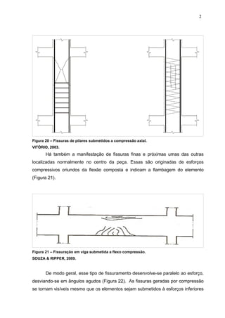 Figura 20 – Fissuras de pilares submetidos a compressão axial.
VITÓRIO, 2003.
Há também a manifestação de fissuras finas e próximas umas das outras
localizadas normalmente no centro da peça. Essas são originadas de esforços
compressivos oriundos da flexão composta e indicam a flambagem do elemento
(Figura 21).
Figura 21 – Fissuração em viga submetida a flexo compressão.
SOUZA & RIPPER, 2009.
De modo geral, esse tipo de fissuramento desenvolve-se paralelo ao esforço,
desviando-se em ângulos agudos (Figura 22). As fissuras geradas por compressão
se tornam visíveis mesmo que os elementos sejam submetidos à esforços inferiores
2
9
2
9
2
9
 