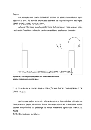 fissuras.
Os recalques nos pilares ocasionam fissuras de abertura variável nas vigas
apoiadas a eles. As maiores amplitudes localizam-se na parte superior das vigas.
(ZATT & CADAMURO JÚNIOR, 2007).
A figura 29 mostra a configuração típica de fissuras em vigas geradas pelas
movimentações diferenciais entre os pilares devido ao recalque da fundação.
Figura 29 – Fissuração típica gerada por recalques diferenciais.
ZATT & CADAMURO JÚNIOR, 2007.
5.2.6 FISSURAS CAUSADAS POR ALTERAÇÕES QUÍMICAS DOS MATERIAIS DE
CONSTRUÇÃO
As fissuras podem surgir da alteração química dos materiais utilizados na
fabricação das peças estruturais. Essas alterações químicas indesejáveis podem
ocorrer independente da presença de meios fortemente agressivos. (THOMAZ,
1996).
5.2.6.1 Corrosão das armaduras
3
5
3
5
3
5
 