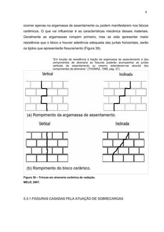 ocorrer apenas na argamassa de assentamento ou podem manifestarem nos blocos
cerâmicos. O que vai influenciar é as características mecânica desses materiais.
Geralmente as argamassas rompem primeiro, mas se esta apresentar maior
resistência que o bloco e houver aderência adequada das juntas horizontais, serão
os tijolos que apresentarão fissuramento (Figura 38).
“Em função da resistência à tração da argamassa de assentamento e dos
componentes de alvenaria as fissuras poderão acompanhar as juntas
verticais de assentamento ou mesmo estenderem-se através dos
componentes de alvenaria.” (THOMAZ, 1996, pág. 27).
Figura 38 – Trincas em alvenaria cerâmica de vedação.
MELO, 2007.
5.3.1 FISSURAS CASADAS PELA ATUAÇÃO DE SOBRECARGAS
4
3
4
3
4
3
 