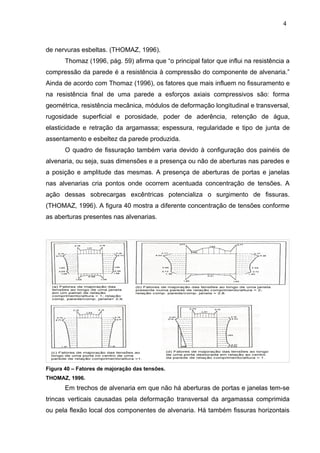 de nervuras esbeltas. (THOMAZ, 1996).
Thomaz (1996, pág. 59) afirma que “o principal fator que influi na resistência a
compressão da parede é a resistência à compressão do componente de alvenaria.”
Ainda de acordo com Thomaz (1996), os fatores que mais influem no fissuramento e
na resistência final de uma parede a esforços axiais compressivos são: forma
geométrica, resistência mecânica, módulos de deformação longitudinal e transversal,
rugosidade superficial e porosidade, poder de aderência, retenção de água,
elasticidade e retração da argamassa; espessura, regularidade e tipo de junta de
assentamento e esbeltez da parede produzida.
O quadro de fissuração também varia devido à configuração dos painéis de
alvenaria, ou seja, suas dimensões e a presença ou não de aberturas nas paredes e
a posição e amplitude das mesmas. A presença de aberturas de portas e janelas
nas alvenarias cria pontos onde ocorrem acentuada concentração de tensões. A
ação dessas sobrecargas excêntricas potencializa o surgimento de fissuras.
(THOMAZ, 1996). A figura 40 mostra a diferente concentração de tensões conforme
as aberturas presentes nas alvenarias.
Figura 40 – Fatores de majoração das tensões.
THOMAZ, 1996.
Em trechos de alvenaria em que não há aberturas de portas e janelas tem-se
trincas verticais causadas pela deformação transversal da argamassa comprimida
ou pela flexão local dos componentes de alvenaria. Há também fissuras horizontais
4
5
4
5
4
5
 