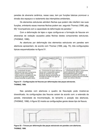 paredes de alvenaria cerâmica, nesse caso, tem por funções básicas promover a
divisão dos espaços e o isolamento das intempéries ambientais.
Os elementos estruturais admitem flechas que podem não interferir nas suas
funções, entretanto essas mesmas flechas podem ser, segundo Thomaz (1996, pág.
69) “incompatíveis com a capacidade de deformação de paredes.”
Com a deformação de lajes e vigas configura-se a formação de fissuras em
alvenarias de vedação causados pelas flechas destes componentes estruturais.
(THOMAZ, 1996).
As aberturas por deformação dos elementos estruturais em paredes sem
aberturas apresentam, de acordo com Thomaz (1996, pág. 75), três configurações
típicas esquematizadas na figura 51.
Figura 51 – Configurações de fissuras por deformações das peças estruturais.
THOMAZ, 1996.
Nas paredes com aberturas o quadro de fissuração pode mostrar-se
diversificado. As configurações das fissuras variam de acordo com: a extensão da
parede, intensidade da movimentação, do tamanho e posição das aberturas.
(THOMAZ, 1996). A figura 52 mostra as configurações gerais desse tipo de fissura.
Figura 52 – Trincas por deformação das peças estruturais em paredes com aberturas.
THOMAZ, 1996.
5
4
5
4
5
4
 