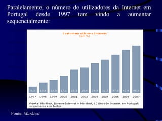 Fonte:  Marktest Paralelamente, o número de utilizadores da Internet em Portugal desde 1997 tem vindo a aumentar sequencialmente:                                                                                                                                                                           