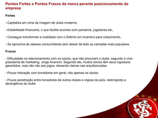 Pontos Fortes x Pontos Fracos da marca perante posicionamento da empresa   Fortes - Capitaliza em cima da imagem de clube moderno,  - Estabilidade financeira, o que facilita acordos com parceiros, jogadores etc,  - Consegue transformar a rivalidade com o Grêmio em incentivo para crescimento,  - Se aproxima de classes consumidoras sem deixar de lado as camadas mais populares Fracos   - Dificuldade no relacionamento com os sócios, que não procuram o clube, segundo o vice-presidente de marketing, Jorge Avancini. Segundo ele, muitos sócios têm seus ingressos garantidos, mas não vão aos jogos, deixando clarões nas arquibancadas. - Pouca interação com torcedores em geral, não apenas os sócios - Pouca penetração entre torcedores de outros clubes e regiões do país, restringindo a abrangência do clube   