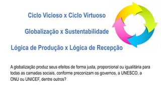 A globalização produz seus efeitos de forma justa, proporcional ou igualitária para
todas as camadas sociais, conforme preconizam os governos, a UNESCO, a
ONU ou UNICEF, dentre outros?
Ciclo Vicioso x Ciclo Virtuoso
Globalização x Sustentabilidade
Lógica de Produção x Lógica de Recepção
 