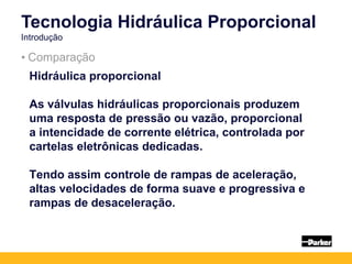 • Comparação
Tecnologia Hidráulica Proporcional
Introdução
Hidráulica proporcional
As válvulas hidráulicas proporcionais produzem
uma resposta de pressão ou vazão, proporcional
a intencidade de corrente elétrica, controlada por
cartelas eletrônicas dedicadas.
Tendo assim controle de rampas de aceleração,
altas velocidades de forma suave e progressiva e
rampas de desaceleração.
 
