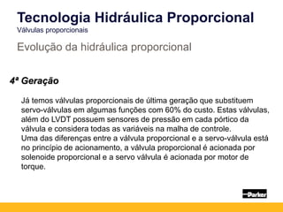 4ª Geração
Já temos válvulas proporcionais de última geração que substituem
servo-válvulas em algumas funções com 60% do custo. Estas válvulas,
além do LVDT possuem sensores de pressão em cada pórtico da
válvula e considera todas as variáveis na malha de controle.
Uma das diferenças entre a válvula proporcional e a servo-válvula está
no princípio de acionamento, a válvula proporcional é acionada por
solenoide proporcional e a servo válvula é acionada por motor de
torque.
Evolução da hidráulica proporcional
Tecnologia Hidráulica Proporcional
Válvulas proporcionais
 
