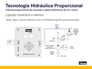 Ligação hidráulica e elétrica
Tecnologia Hidráulica Proporcional
Válvula proporcional de pressão e placa eletrônica de um canal
Nota: ligar a parte elétrica com a hidráulica ligada (pressurizada).
Válvula de
segurança do
painel
FONTE
24VCC
 