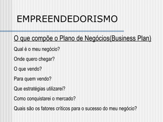 EMPREENDEDORISMO O que compõe o Plano de Negócios(Business Plan) Qual é o meu negócio? Onde quero chegar? O que vendo? Para quem vendo? Que estratégias utilizarei? Como conquistarei o mercado? Quais são os fatores críticos para o sucesso do meu negócio? 