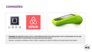 • Comissões são aplicadas quando você é o intermediário/conector entre duas pontas e você é comissionado com um valor
percentual do total por uma prestação de serviço para estes dois players.
• Exemplo: comissões recolhidas por Uber, AirBnb e máquinas de cartão de crédito por transacionarem entre players
 