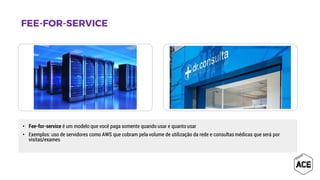 • Fee-for-service é um modelo que você paga somente quando usar e quanto usar
• Exemplos: uso de servidores como AWS que cobram pela volume de utilização da rede e consultas médicas que será por
visitas/exames
 