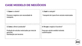 1. Quem é o cliente?
Pessoas e negócios com necessidade de
transporte.
2. Qual é a solução?
Transporte de A para B em veículos motorizados
3. Como a oferta é produzida?
Produção de veículos motorizados por meio de
parcerias.
Distribuição com terceiros
4. Por que o negócio é lucrativo?
Preço por veículo vendido incluindo
customizações
 
