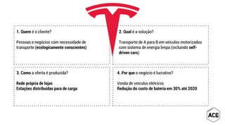1. Quem é o cliente?
Pessoas e negócios com necessidade de
transporte (ecologicamente conscientes)
2. Qual é a solução?
Transporte de A para B em veículos motorizados
com sistema de energia limpa (incluindo self-
driven cars)
3. Como a oferta é produzida?
Rede própria de lojas
Estações distribuídas para de carga
4. Por que o negócio é lucrativo?
Venda de veículos elétricos
Redução do custo de bateria em 30% até 2020
 