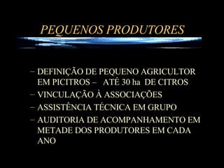 PEQUENOS PRODUTORES DEFINIÇÃO DE PEQUENO AGRICULTOR EM PICITROS –  ATÉ 30 ha  DE CITROS VINCULAÇÃO À ASSOCIAÇÕES ASSISTÊNCIA TÉCNICA EM GRUPO AUDITORIA DE ACOMPANHAMENTO EM METADE DOS PRODUTORES EM CADA ANO 