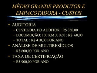 MÉDIO\GRANDE PRODUTOR E EMPACOTADORA - CUSTOS AUDITORIA CUSTO/DIA DO AUDITOR : R$ 350,00 LOCOMOÇÃO: 100 KM X 0,60 : R$  60,00 TOTAL : R$ 410,00 POR ANO ANÁLISE DE MULTIRESÍDUOS R$ 600,00 POR ANO TAXA DE CERTIFICAÇÃO R$ 900,00 POR ANO 