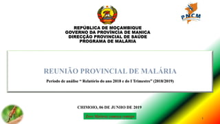 REPÚBLICA DE MOÇAMBIQUE
GOVERNO DA PROVÍNCIA DE MANICA
DIRECÇÃO PROVINCIAL DE SAÚDE
PROGRAMA DE MALÁRIA
1
CHIMOIO, 06 DE JUNHO DE 2019
REUNIÃO PROVINCIAL DE MALÁRIA
Período de análise “ Relatório do ano 2018 e do I Trimestre” (2018/2019)
Zero Malaria começa comigoZero Malaria começa comigo
 