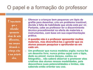 O papel e a formação do professor
É importante
que o
educador
apresente
obras de arte
diferentes,
mas sempre
deixando a
criança criar
a sua própria
obra.







Oferecer a crianças bem pequenas um lápis de
grafite para desenhar, cria um problema insolúvel,
devido à falta de habilidade que ainda está por vir.
Portanto, cabe ao professor ter o discernimento
técnico procedimental na oferta de materiais e
instrumentos, com base em sua experimentação
prática.
A questão não é o professor apresentar muitos
materiais, mas diversificá-los e garantir que os
alunos possam pesquisar e aprofundar-se em
cada um.
Um professor que nunca modelou argila; nunca fez
um desenho livre; nunca pintou sejas com o lápis,
dedo ou pincel; nunca dançou, cantou ou
fotografou... não saberá observar e promover atos
criativos dos alunos nessas modalidades, pois
desconhece suas potencialidades e limites, não
sabendo então orientar seu uso.

 