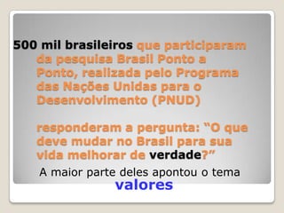 500 mil brasileiros que participaram da pesquisa Brasil Ponto a Ponto, realizada pelo Programa das Nações Unidas para o Desenvolvimento (PNUD)responderam a pergunta: “O que deve mudar no Brasil para sua vida melhorar de verdade?” A maior parte deles apontou o temavalores