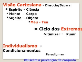 Visão Cartesiana - Dissocia/Separa:* Espírito - Ciência	 * Mente   -  Corpo		 *Sujeito -  Objeto                       *Meu - Teu= Ciclo dos Extremosvitimizar -  PunirIndividualismo  -  CondicionamentosParadigmasOfuscam a percepção de conjunto