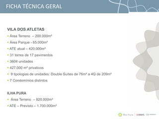 FICHA TÉCNICA GERAL
VILA DOS ATLETAS
 Área Terreno – 200.000m²
 Área Parque - 65.000m²
 ATE atual – 420.000m²
 31 torres de 17 pavimentos
 3604 unidades
 427.000 m² privativos
 9 tipologias de unidades: Double Suítes de 76m² a 4Q de 209m²
 7 Condomínios distintos
ILHA PURA
 Área Terreno – 820.000m²
 ATE – Previsto – 1.700.000m²
 