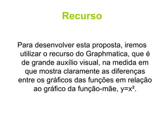 Recurso Para desenvolver esta proposta, iremos utilizar o recurso do Graphmatica, que é de grande auxílio visual, na medida em que mostra claramente as diferenças entre os gráficos das funções em relação ao gráfico da função-mãe, y=x². 