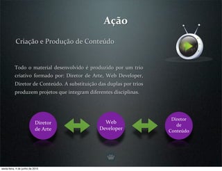 Ação
           Criação e Produção de Conteúdo


           Todo  o  material  desenvolvido  é  produzido  por  um  trio 
           criativo  formado  por:  Diretor  de  Arte,  Web  Developer, 
           Diretor de Conteúdo. A substituição das duplas por trios 
           produzem projetos que integram diferentes disciplinas.




                                                                            Diretor 
                            Diretor                 Web 
                                                                              de 
                            de Arte               Developer                Conteúdo




sexta-feira, 4 de junho de 2010
 