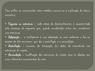 Para melhor se compreender estes estádios recorre-se à explicação de alguns conceitos:  Esquema ou estrutura – cada etapa de desenvolvimento é caracterizada pela presença de esquemas que, quando coordenados entre sim, constituem uma estrutura.