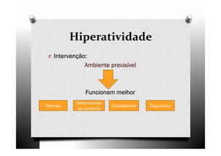 Hiperatividade
O Intervenção:Intervenção:Intervenção:Intervenção:
Ambiente previsívelAmbiente previsívelAmbiente previsívelAmbiente previsível
Funcionam melhorFuncionam melhorFuncionam melhorFuncionam melhor
Rotinas
Sentimentos
de conforto
Estabilidade Segurança
 